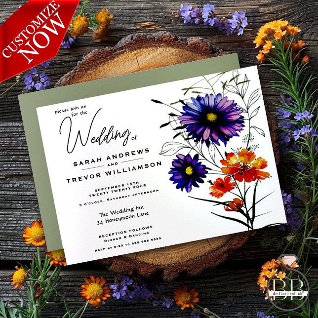 Invitación Naranja vibrante acuarela y flores silvestres mora (Easy to customize )