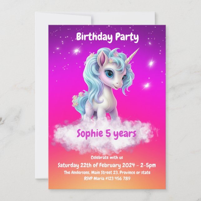 Invitación Naranja vibrante de unicornio, rosa, fiesta de cum (Anverso)