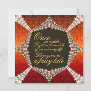 Invitación Naranja Vibrante Rojo Damasco Fractal Encaje Cuent