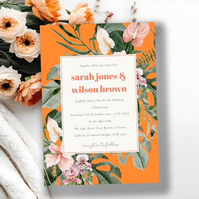 Invitación Naranja vibrante Rubor Boho Boda Floral Tropical (Subido por el creador)