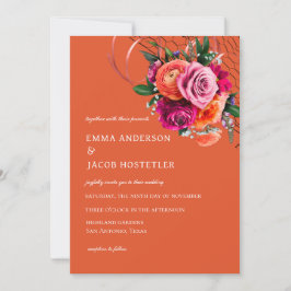 Invitación Naranja vibrante y floral rosa rosa