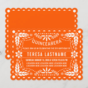 Invitación Naranja vibrante y papel picado blanco Quinceañera