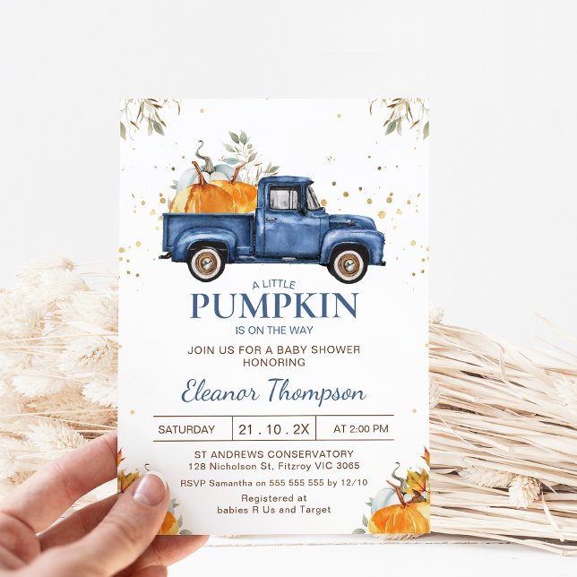 Invitación Naranja Vintage Blue Boys Truck Baby Shower (Boys Little Pumpkin Truck Baby Shower Invitation, Fall baby Shower Boy, Blue Pumpkin Truck, Autumn)