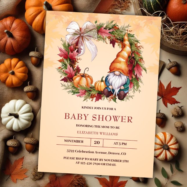 Invitación Naranja Watercolor Gnome Pumpkin Fall Baby Shower (Orange Watercolor Gnome Pumpkin Fall Baby Shower Invitation)
