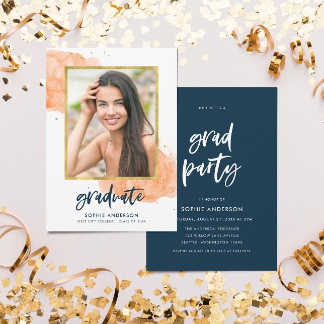 Invitación Naranja Watercolor Gold Photo Graduate Fiesta (Subido por el creador)