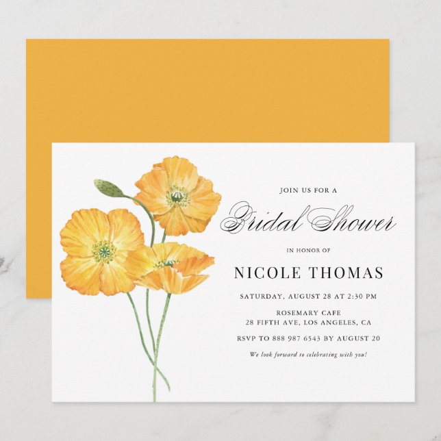 Invitación Naranja Watercolor Poppies Botanical Bridal Shower (Anverso / Reverso)