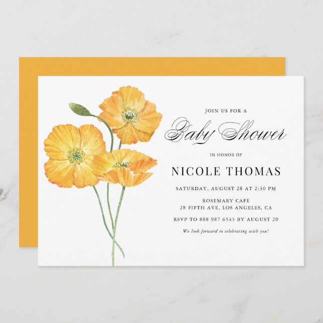 Invitación Naranja Watercolor Poppies Floral Baby Shower (Anverso / Reverso)