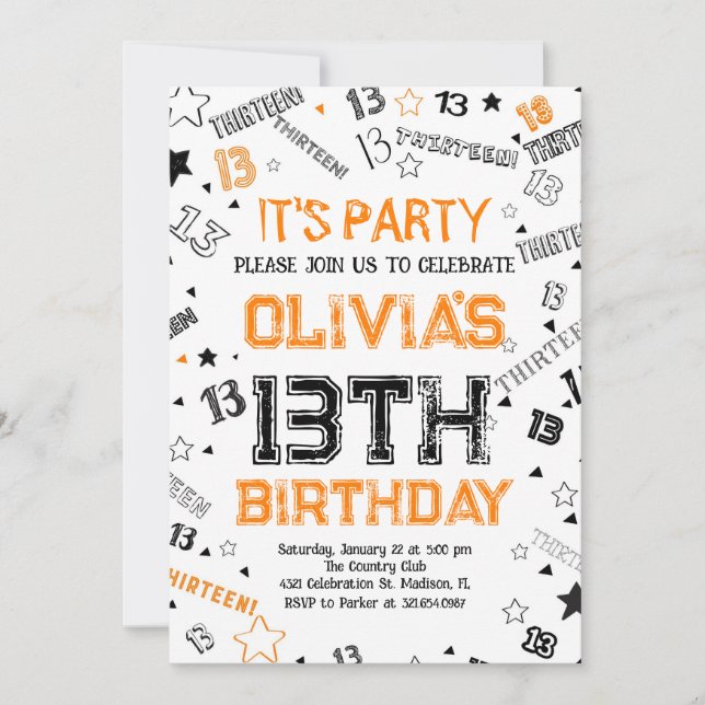 Invitación Naranja White Boy número Trece cumpleaños (Anverso)