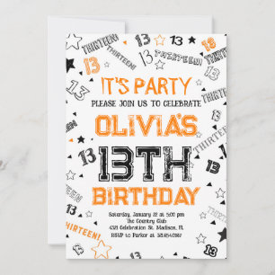 Invitación Naranja White Boy número Trece cumpleaños