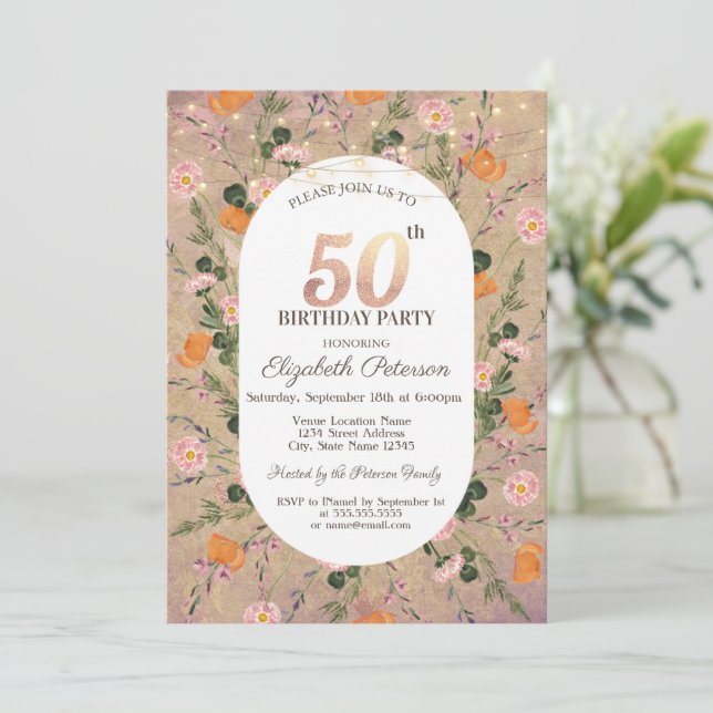 Invitación Naranja Wildflower String ilumina 50 cumpleaños (Anverso de pie)