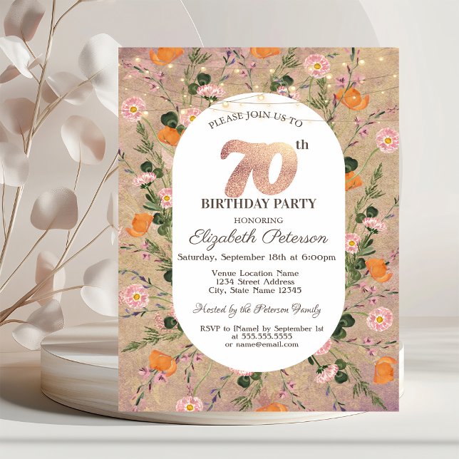 Invitación Naranja Wildflower String ilumina 70 cumpleaños (Subido por el creador)