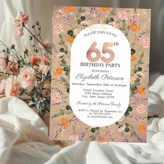 Invitación Naranja Wildflower String ilumina el 65º cumpleaño (Subido por el creador)