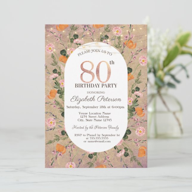 Invitación Naranja Wildflower String ilumina el cumpleaños 80 (Anverso de pie)