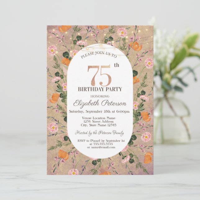 Invitación Naranja Wildflower String Lights 75 cumpleaños (Anverso de pie)