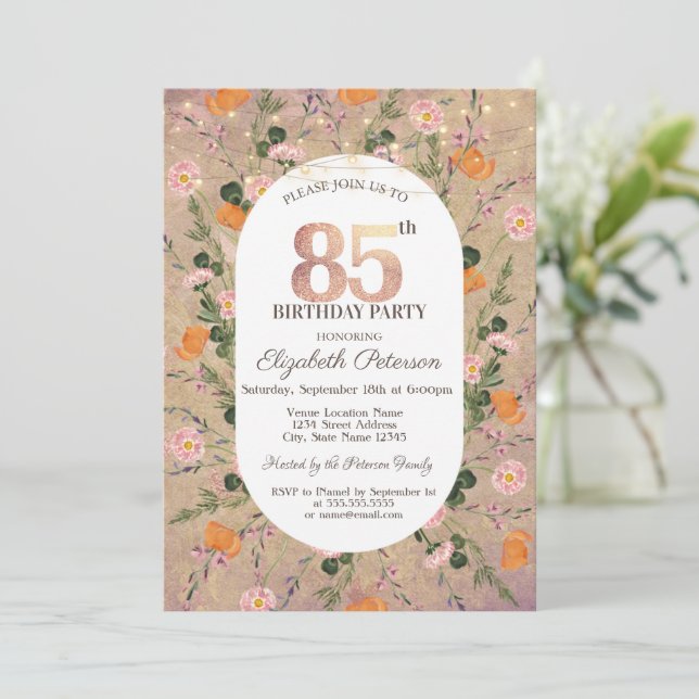 Invitación Naranja Wildflower String Lights 85 cumpleaños (Anverso de pie)