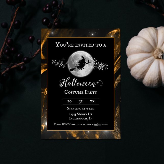 Invitación Naranja Witch Silhouette Halloween Party (Orange Witch Silhouette Halloween Party Invite)