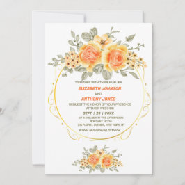 Invitación naranja y amarillo floral elegante boda de verano
