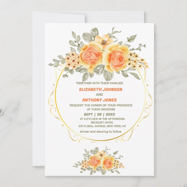 Invitación naranja y amarillo floral elegante boda de verano (Anverso)