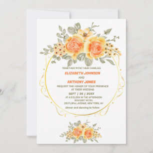 Invitación naranja y amarillo floral elegante boda de verano