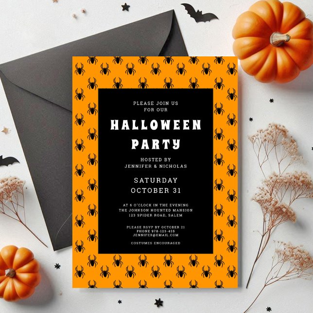 Invitación Naranja Y Araña Negra Fiesta De Halloween (Cute Spiders Orange Halloween Party Invitation)