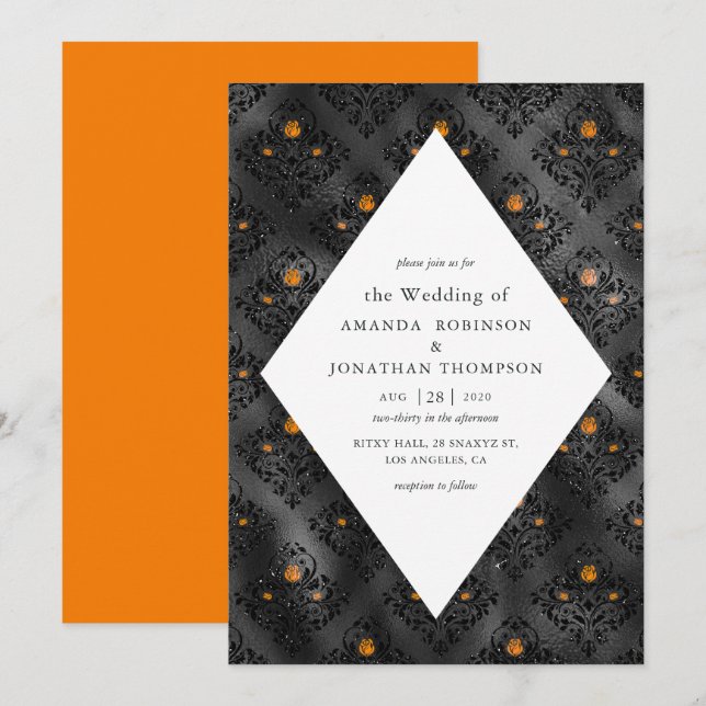 Invitación Naranja y Black Glam Faux Relieve metalizado Damas (Anverso / Reverso)
