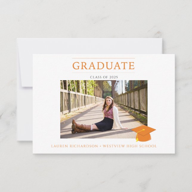 Invitación Naranja y blanco del Partido de Graduación de Foto (Anverso)
