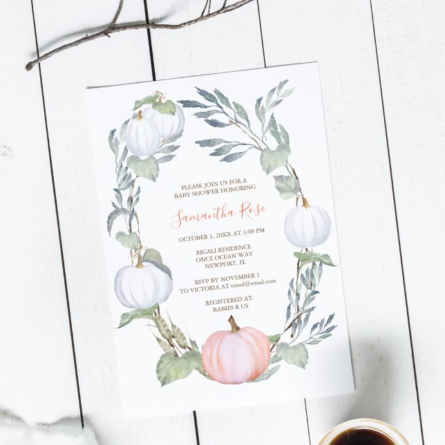 Invitación Naranja y BLANCO PUMPKIN Green Baby Shower (Gender neutral baby shower invitations feature watercolor white and peach pumpkins. )