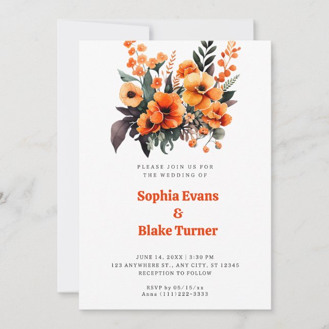 Invitación Naranja y Boda blanco de la floral verde (Anverso)