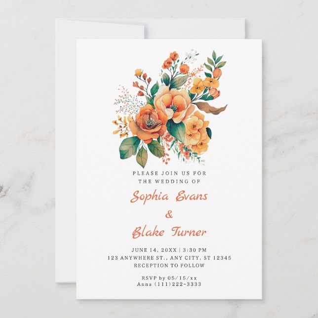 Invitación Naranja Y Boda Blanco Floral Verde (Anverso)