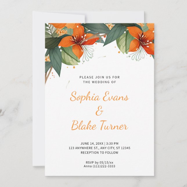 Invitación Naranja y Boda blanco tropical verde (Anverso)