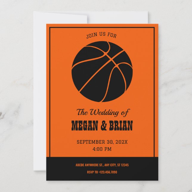 Invitación Naranja y Boda de baloncesto negro (Anverso)