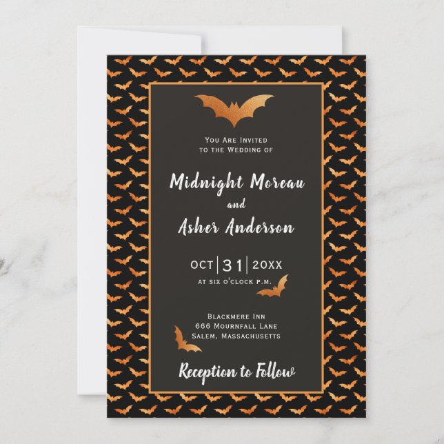 Invitación Naranja y Boda de Black Bat Halloween (Anverso)