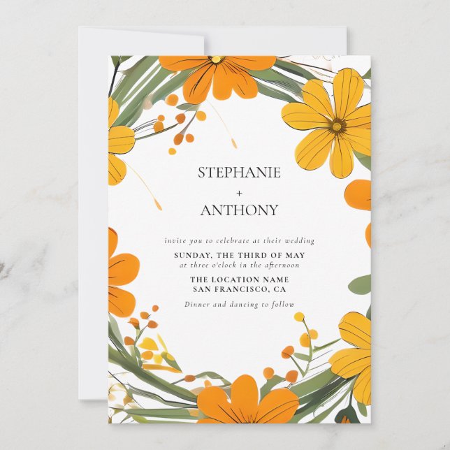 Invitación Naranja y Boda de flores silvestres amarillas (Anverso)