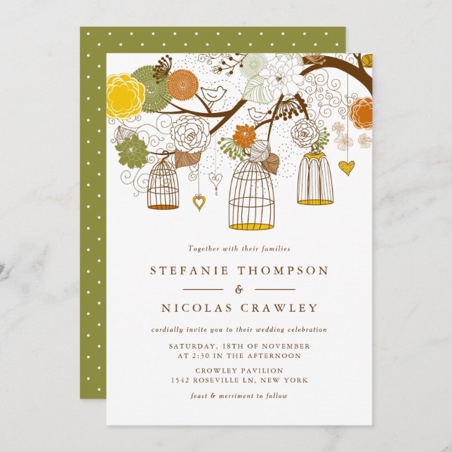 Invitación Naranja y Boda de jaulas colgantes amarillas (Anverso / Reverso)