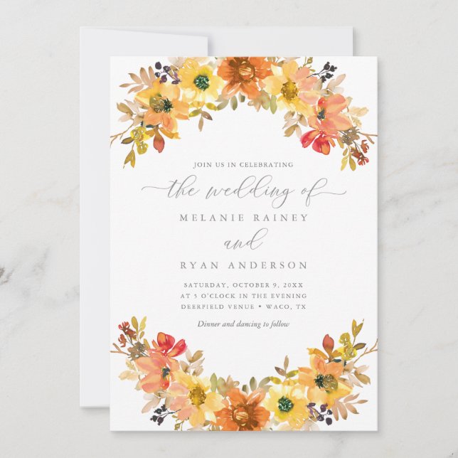 Invitación Naranja y Boda de la vegetación floral de otoño am (Anverso)