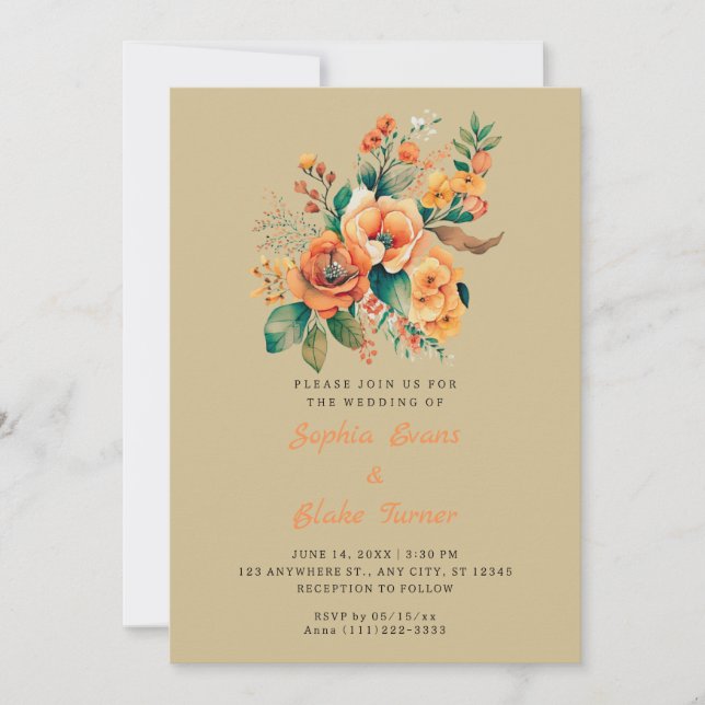 Invitación Naranja Y Boda De Olive De Floral Verde (Anverso)
