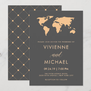 Invitación Naranja y Boda del Mapa Mundial Gris Humeante