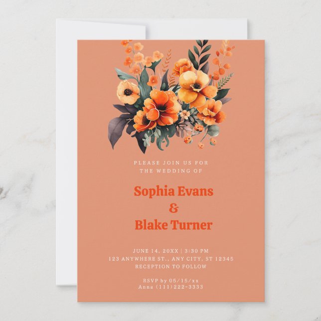 Invitación Naranja y Boda del Naranja Green Floral Bouquet (Anverso)