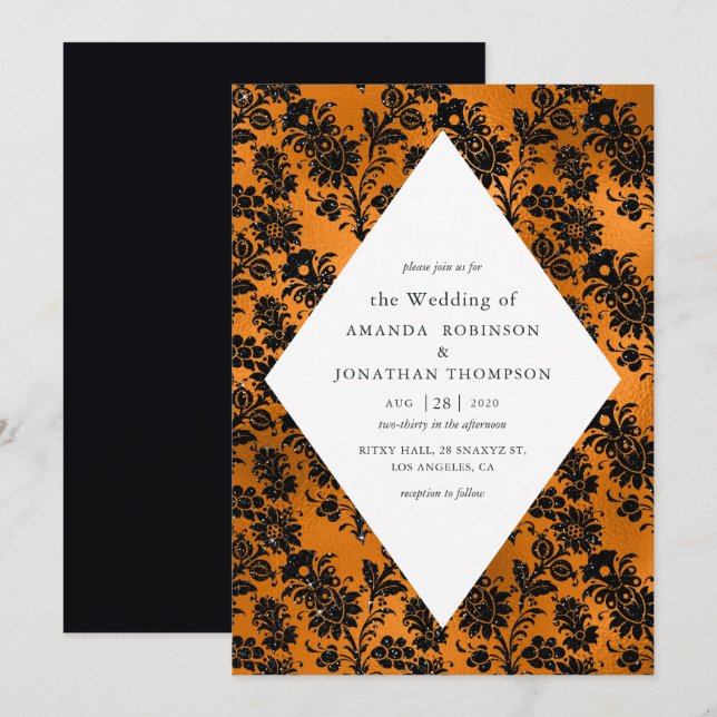 Invitación Naranja y Boda del Relieve metalizado Black Glam F (Anverso / Reverso)