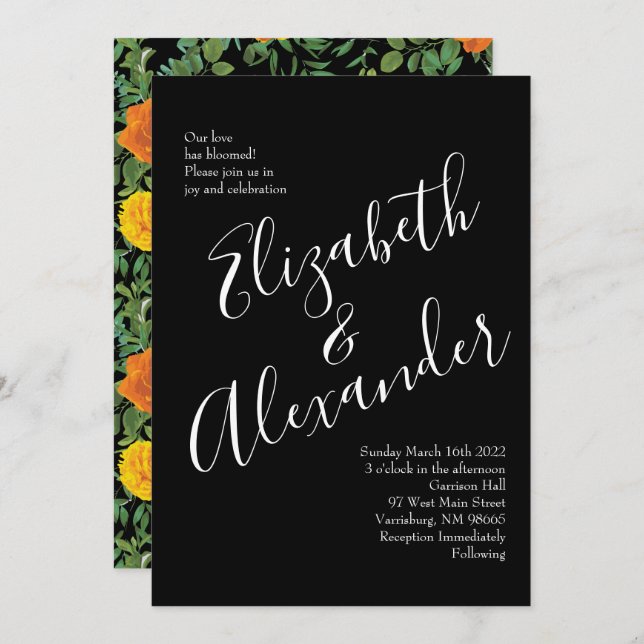 Invitación Naranja y Boda floral gótica negra y Rosa (Anverso / Reverso)