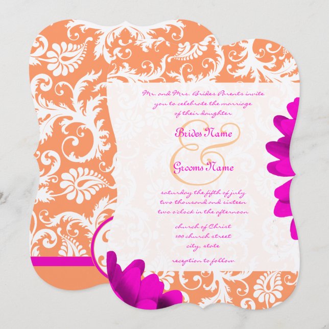 Invitación Naranja y Boda Fuchsia Pink Gerber Daisy (Anverso / Reverso)