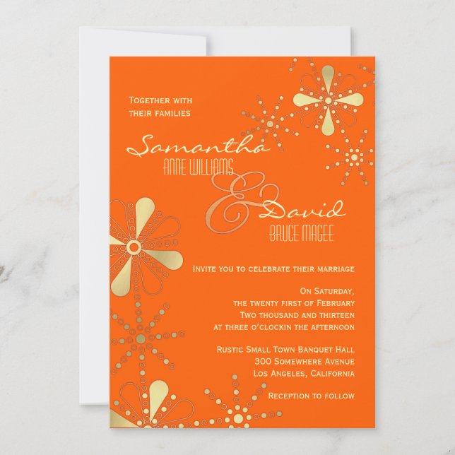 Invitación Naranja y Boda inspirado en la India del oro (Anverso)