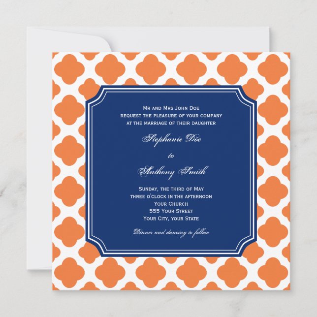 Invitación Naranja y Boda Real Blue Quatrefoil (Anverso)