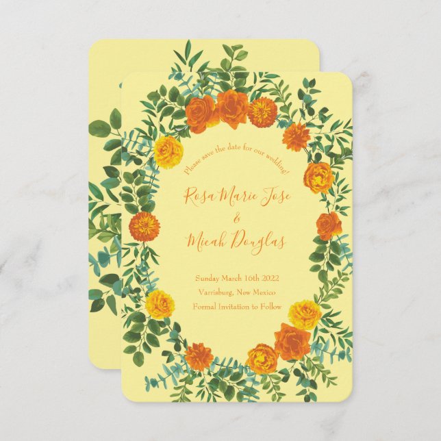 Invitación Naranja y Boda Rosa amarillo claro Guardar fecha (Anverso / Reverso)