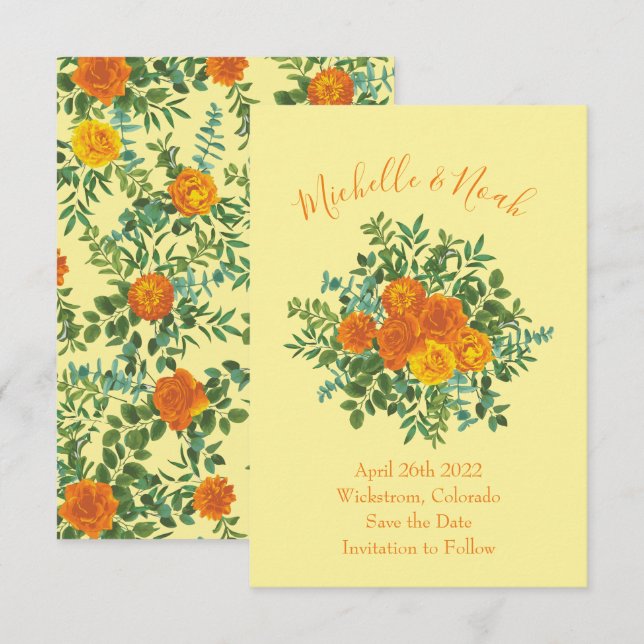 Invitación Naranja y Boda Rosa amarillo claro Guardar fecha (Anverso / Reverso)