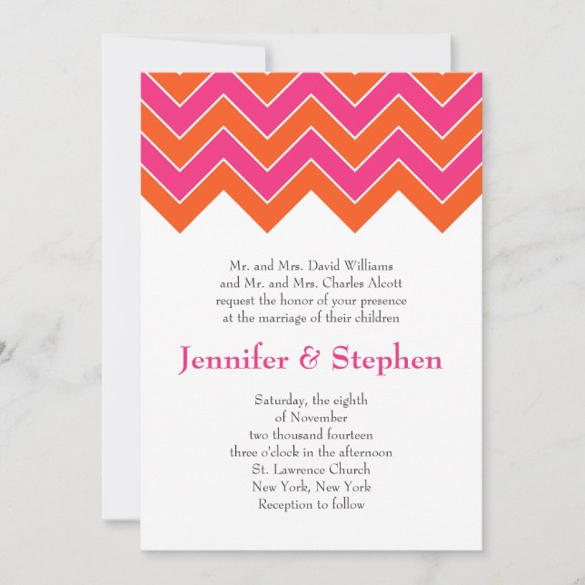 Invitación Naranja y Boda Rosa Chevron (Anverso)