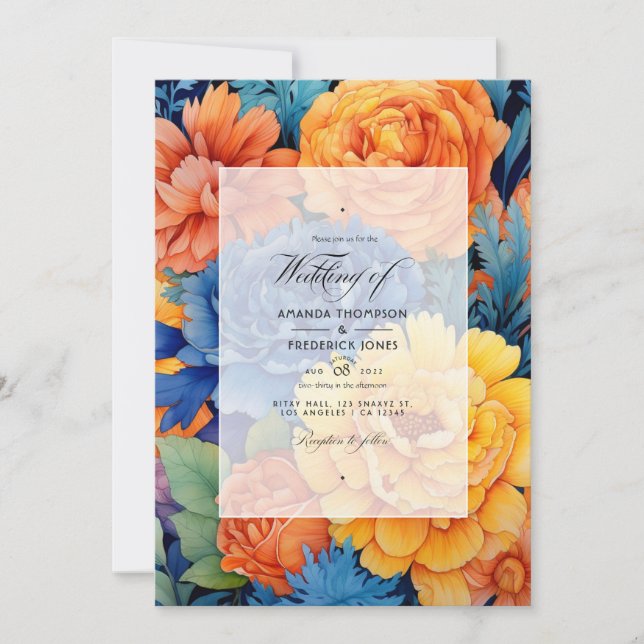 Invitación Naranja y Boda Royal Blue Floral (Anverso)