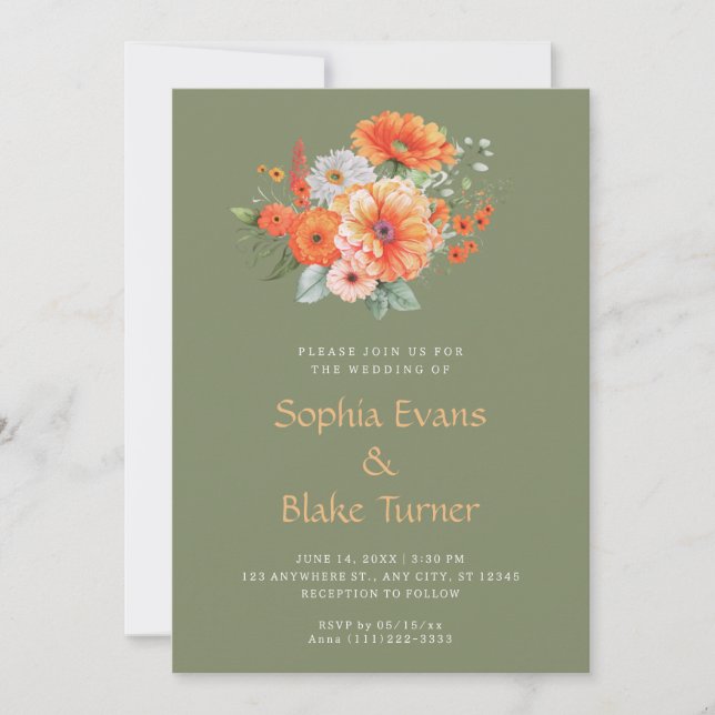Invitación Naranja Y Boda Verde De Floral Rosa (Anverso)