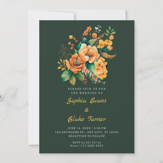 Invitación Naranja Y Boda Verde Floral (Anverso)
