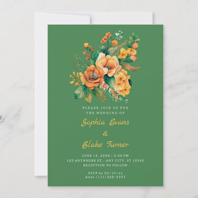 Invitación Naranja Y Boda Verde Floral (Anverso)